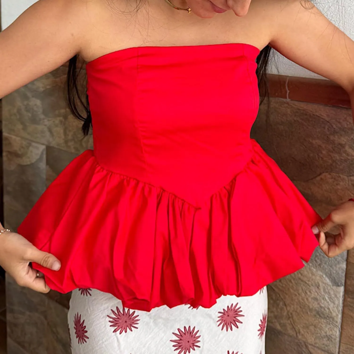 HGps8w Womens Chic Bubble Hem Tube Tops Strapless Off Shoulder Peplum Shirts Sleeveless Going Out Bandeau Tops