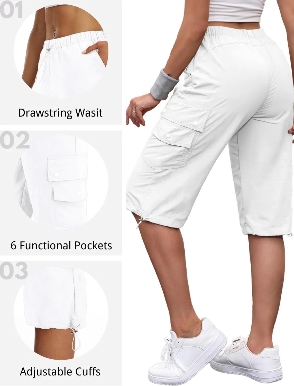 Hiking Capri Cargo Pants Women Baggy Low Rise Lightweight Summer Outdoor Casual Loose Style with 6 Pockets