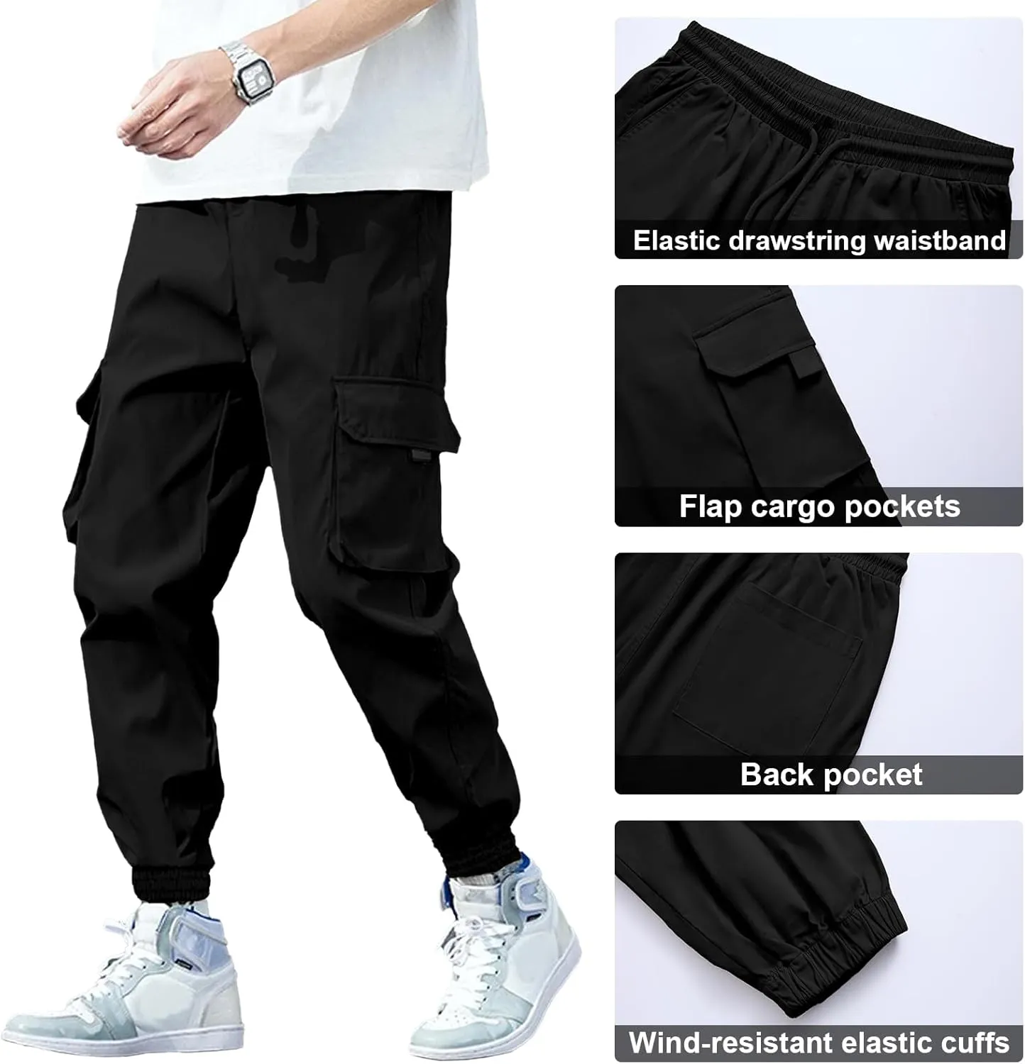 HOTake Mens Casual Cargo Pants Stretch Elastic Waist Drawsring Joggers Pants for Men with Pockets