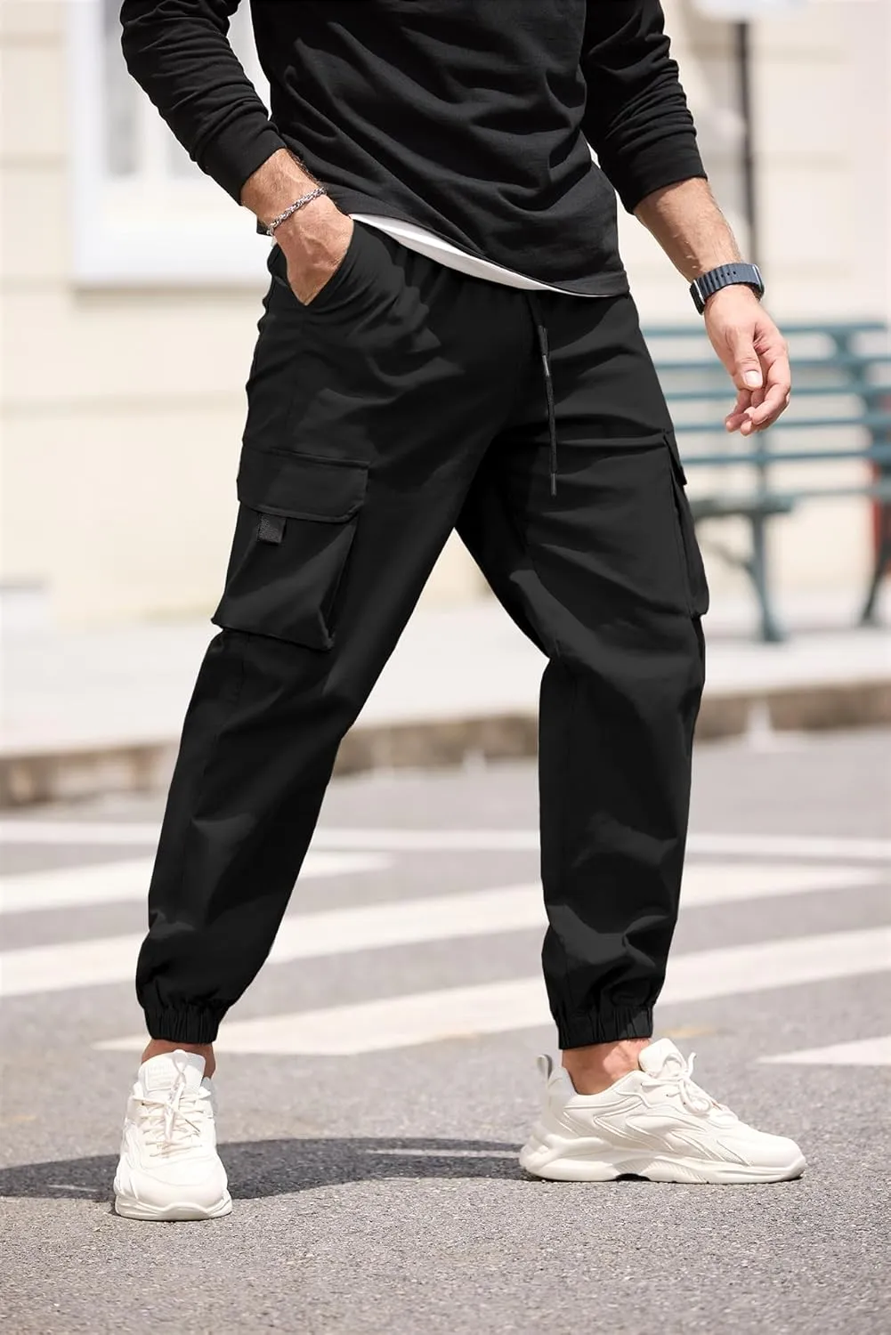 HOTake Mens Casual Cargo Pants Stretch Elastic Waist Drawsring Joggers Pants for Men with Pockets