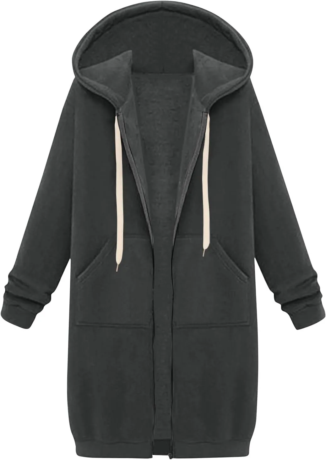 Jackets for Women Casual Zip Up Long Tunic Hoodies Winter Windproof Drawstring Hooded Jacket Outerwear with Pockets