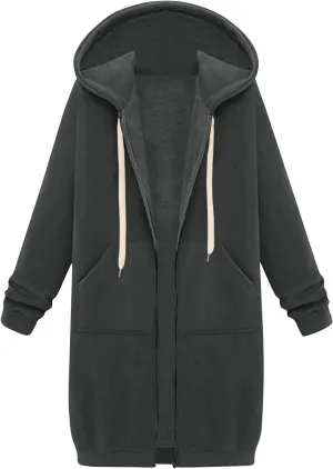 Jackets for Women Casual Zip Up Long Tunic Hoodies Winter Windproof Drawstring Hooded Jacket Outerwear with Pockets