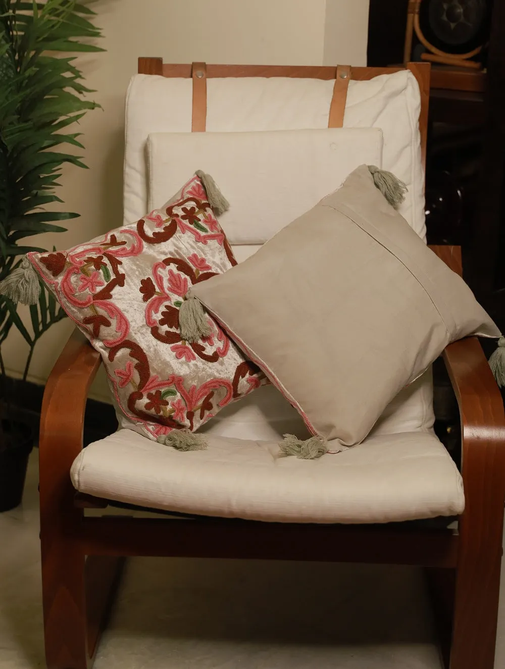 Kashmiri Crewel Work Velvet Cushion Covers - Floral, (Set of 2)