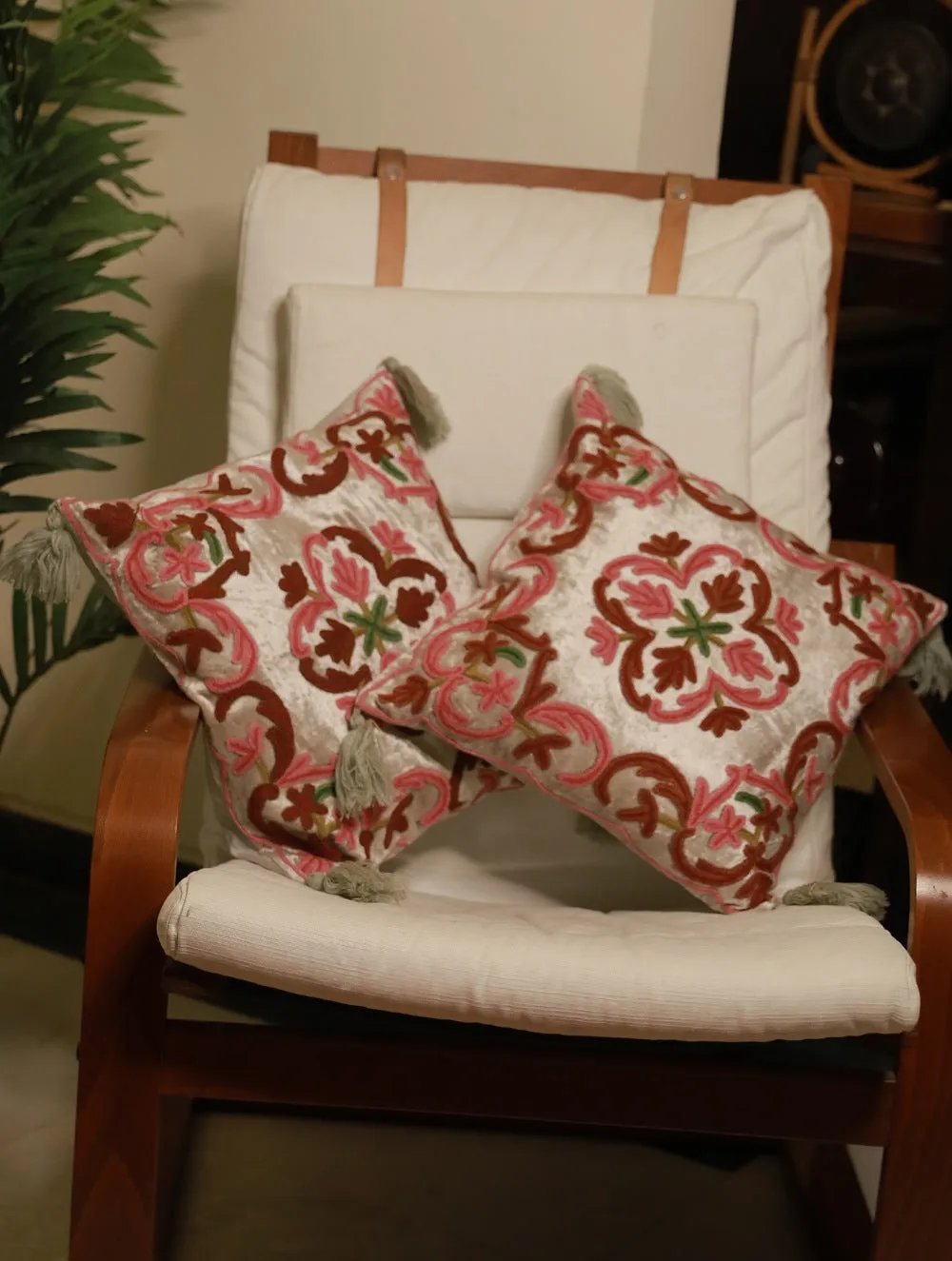 Kashmiri Crewel Work Velvet Cushion Covers - Floral, (Set of 2)