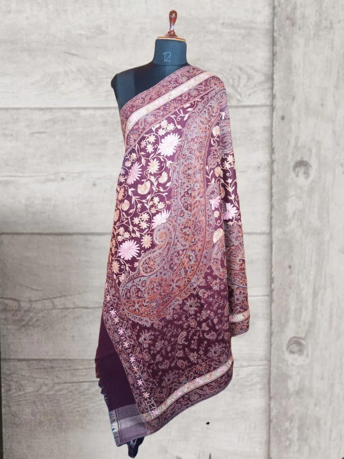 Kashmiri Wool Work Shawl | Brown Colour | Handwork