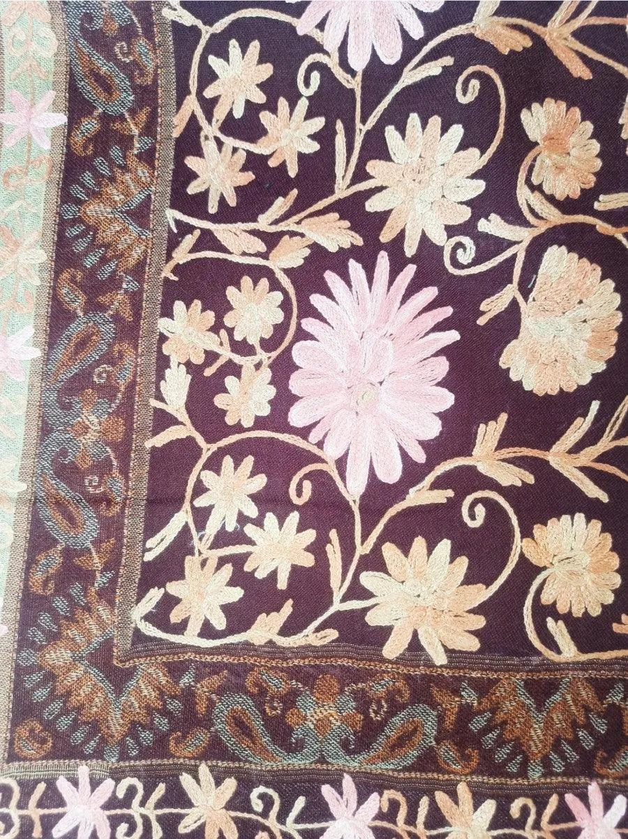 Kashmiri Wool Work Shawl | Brown Colour | Handwork