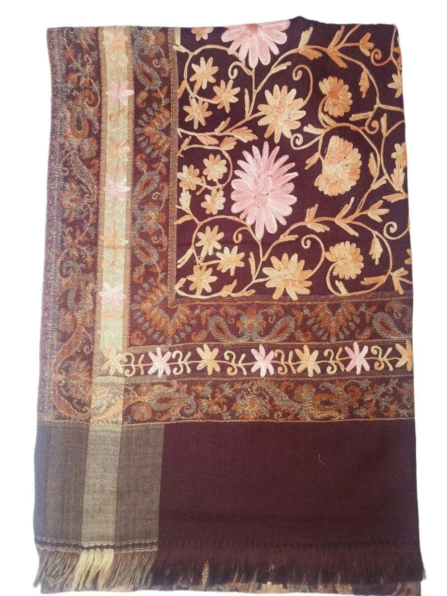 Kashmiri Wool Work Shawl | Brown Colour | Handwork