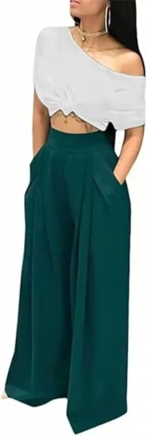 LROSEY Women Casual Stretchy Wide Leg Palazzo Pants with Pockets Flowy Dress Pants High Waisted Trousers