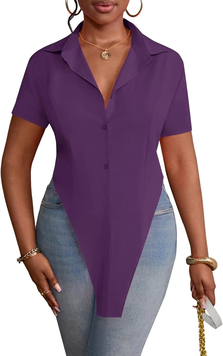 LYANER Women's Collar V Neck Button Front Short Sleeve Slit Hem Long Shirt Blouse Top