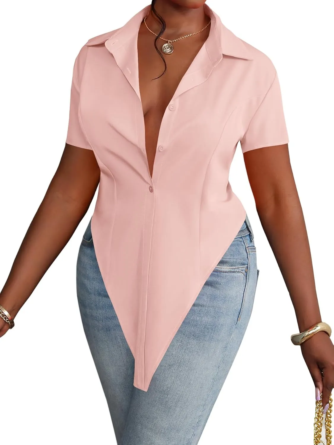 LYANER Women's Collar V Neck Button Front Short Sleeve Slit Hem Long Shirt Blouse Top