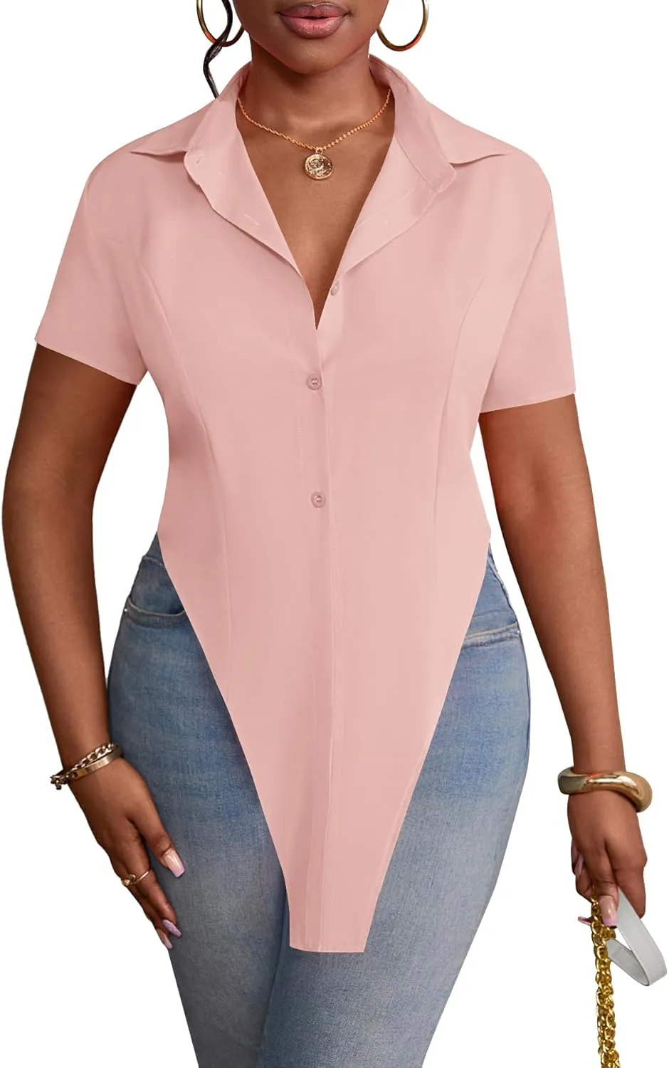 LYANER Women's Collar V Neck Button Front Short Sleeve Slit Hem Long Shirt Blouse Top