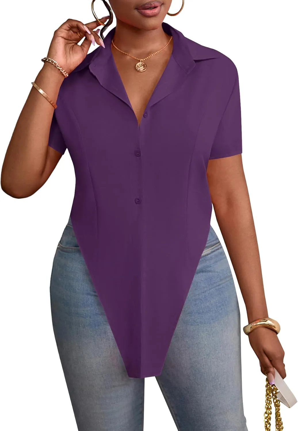 LYANER Women's Collar V Neck Button Front Short Sleeve Slit Hem Long Shirt Blouse Top