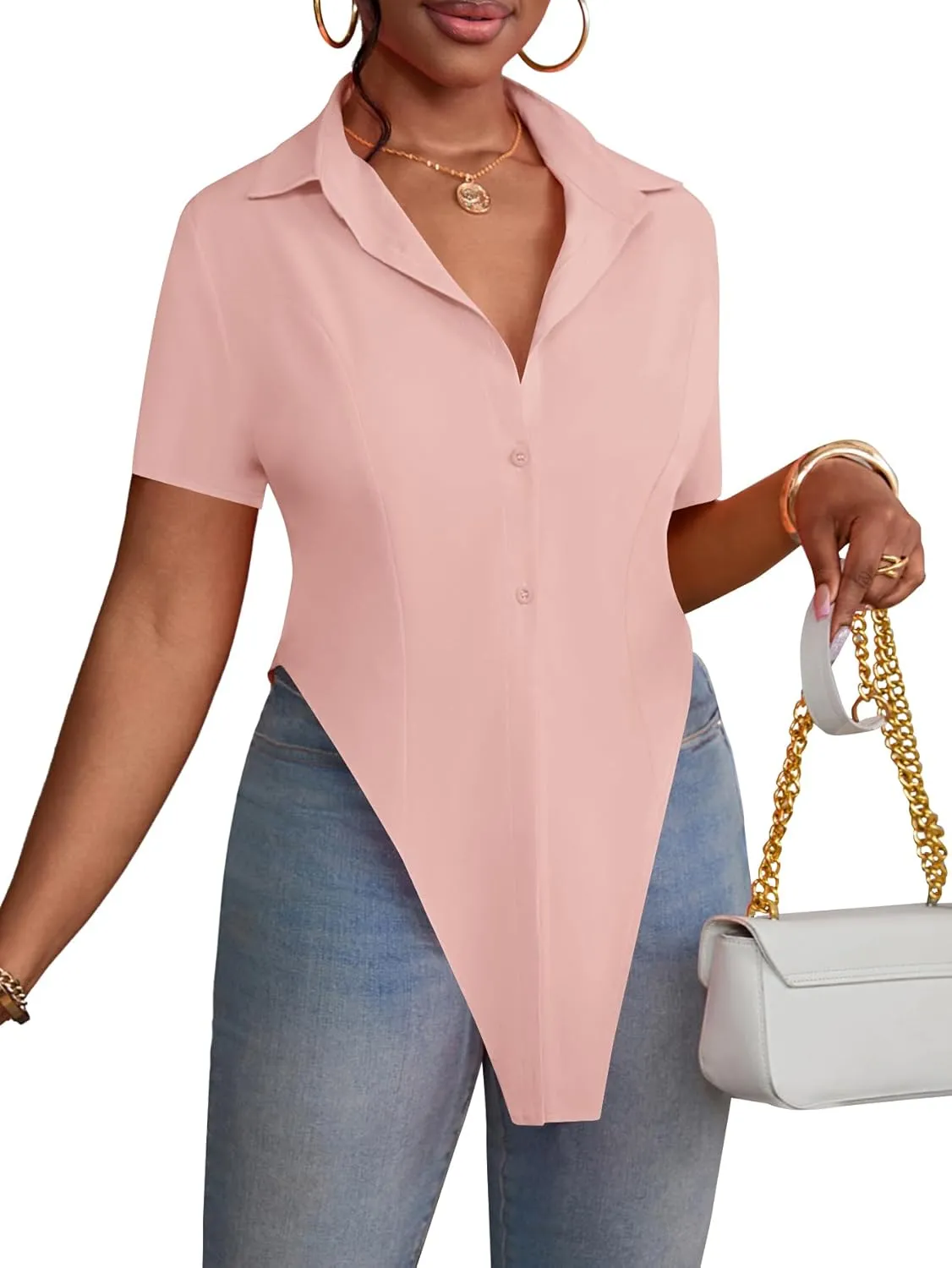 LYANER Women's Collar V Neck Button Front Short Sleeve Slit Hem Long Shirt Blouse Top