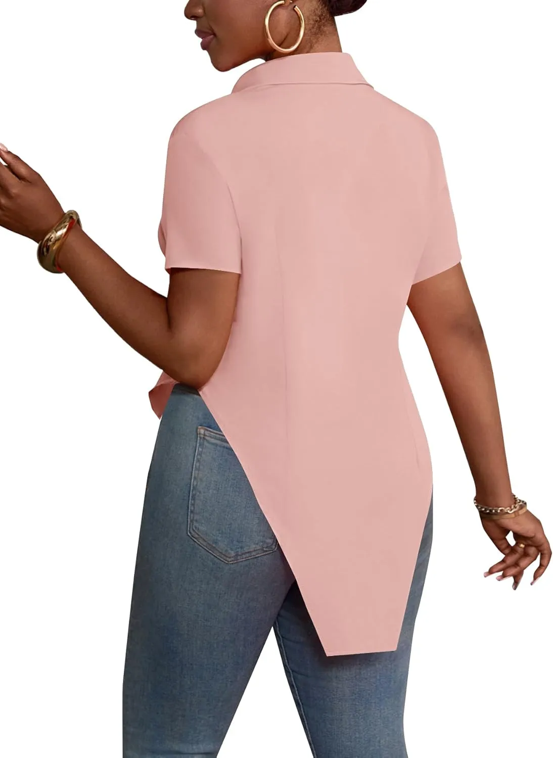 LYANER Women's Collar V Neck Button Front Short Sleeve Slit Hem Long Shirt Blouse Top