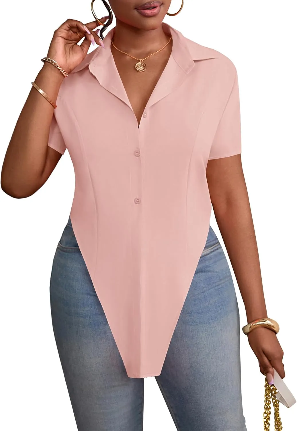 LYANER Women's Collar V Neck Button Front Short Sleeve Slit Hem Long Shirt Blouse Top