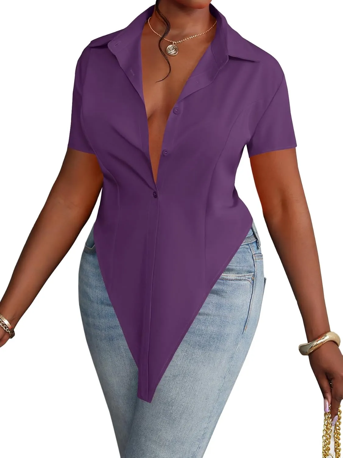 LYANER Women's Collar V Neck Button Front Short Sleeve Slit Hem Long Shirt Blouse Top