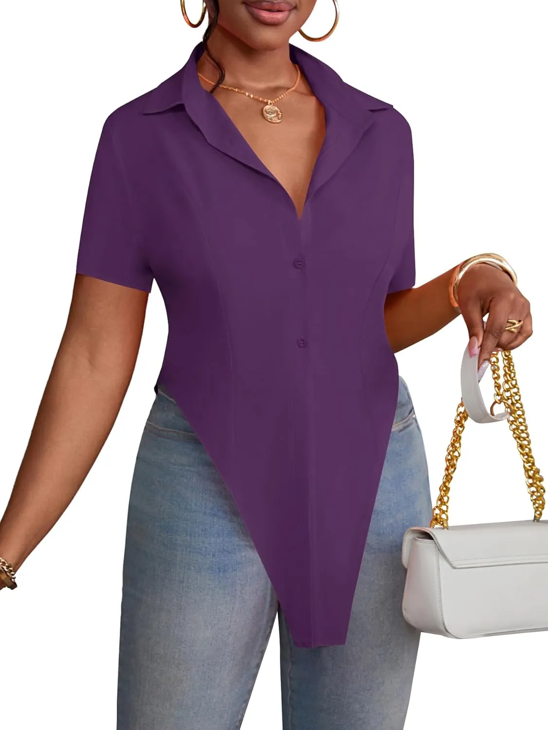 LYANER Women's Collar V Neck Button Front Short Sleeve Slit Hem Long Shirt Blouse Top
