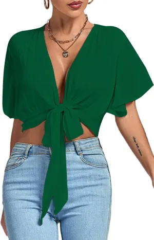 LYANER Women's Deep V Neck Tie Front Knot Wrap Ruffle Short Sleeeve Crop Top Blouse