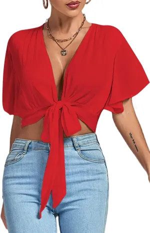 LYANER Women's Deep V Neck Tie Front Knot Wrap Ruffle Short Sleeeve Crop Top Blouse