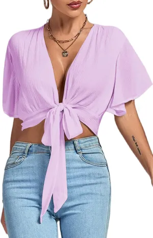LYANER Women's Deep V Neck Tie Front Knot Wrap Ruffle Short Sleeeve Crop Top Blouse