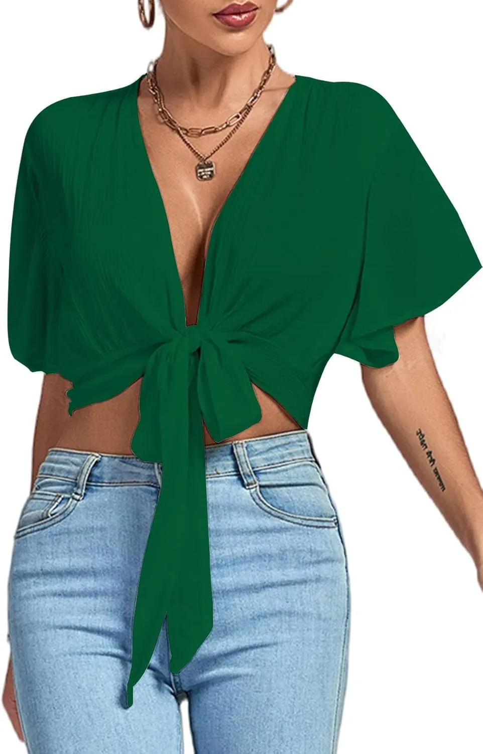LYANER Women's Deep V Neck Tie Front Knot Wrap Ruffle Short Sleeeve Crop Top Blouse