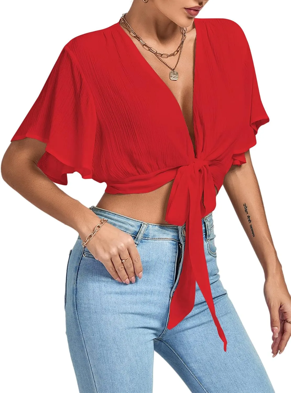 LYANER Women's Deep V Neck Tie Front Knot Wrap Ruffle Short Sleeeve Crop Top Blouse