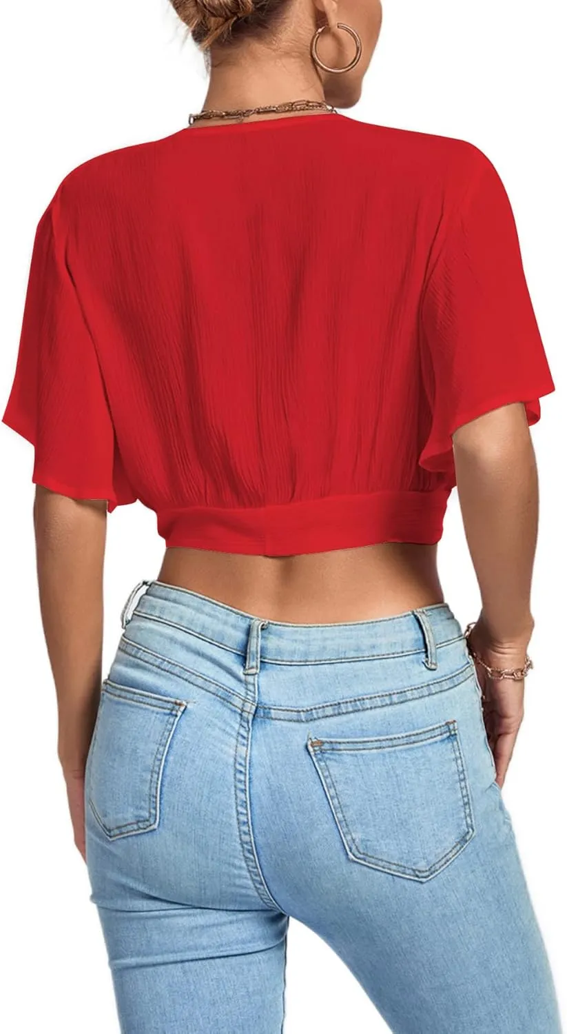 LYANER Women's Deep V Neck Tie Front Knot Wrap Ruffle Short Sleeeve Crop Top Blouse