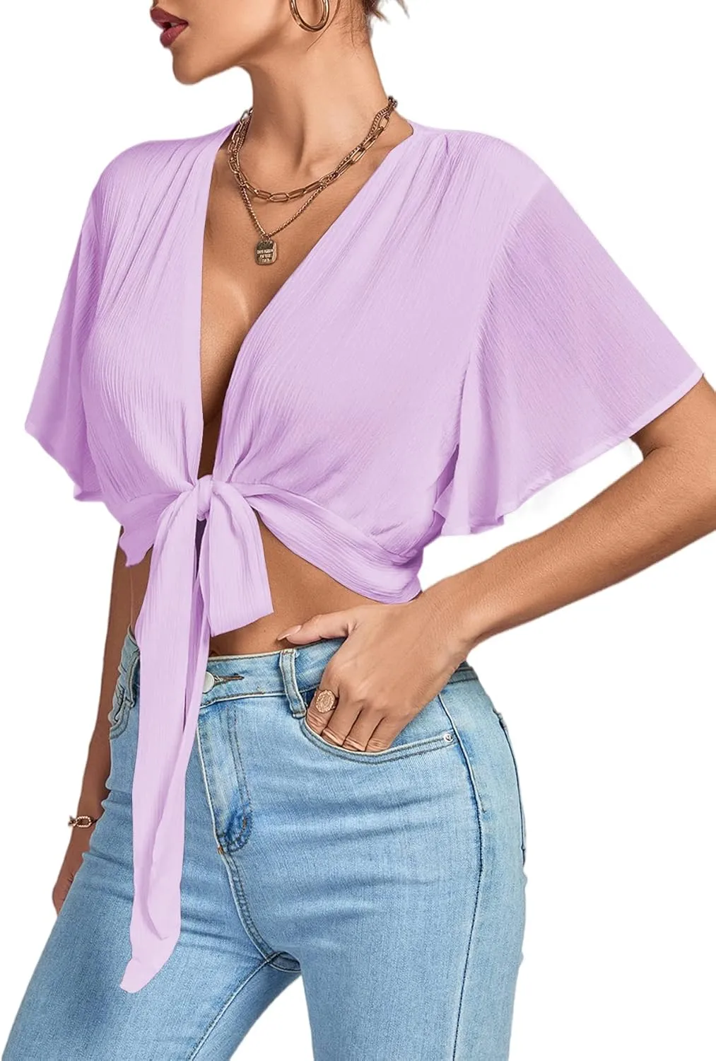 LYANER Women's Deep V Neck Tie Front Knot Wrap Ruffle Short Sleeeve Crop Top Blouse
