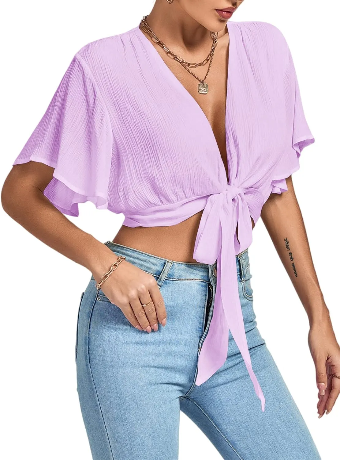 LYANER Women's Deep V Neck Tie Front Knot Wrap Ruffle Short Sleeeve Crop Top Blouse