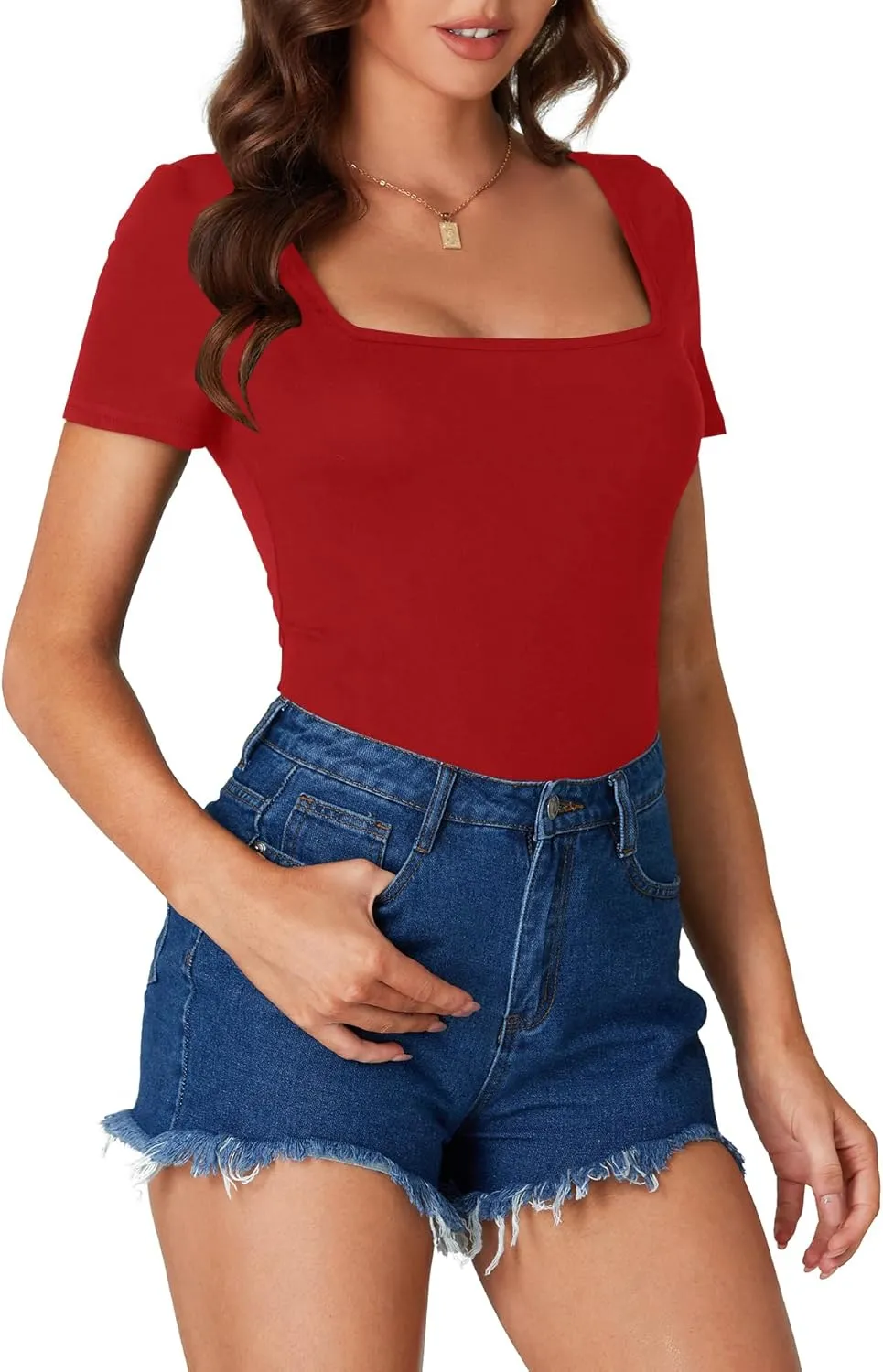LYANER Women's Short Sleeve Square Neck Slim Fit Classic T Shirt Blouse Top Tee