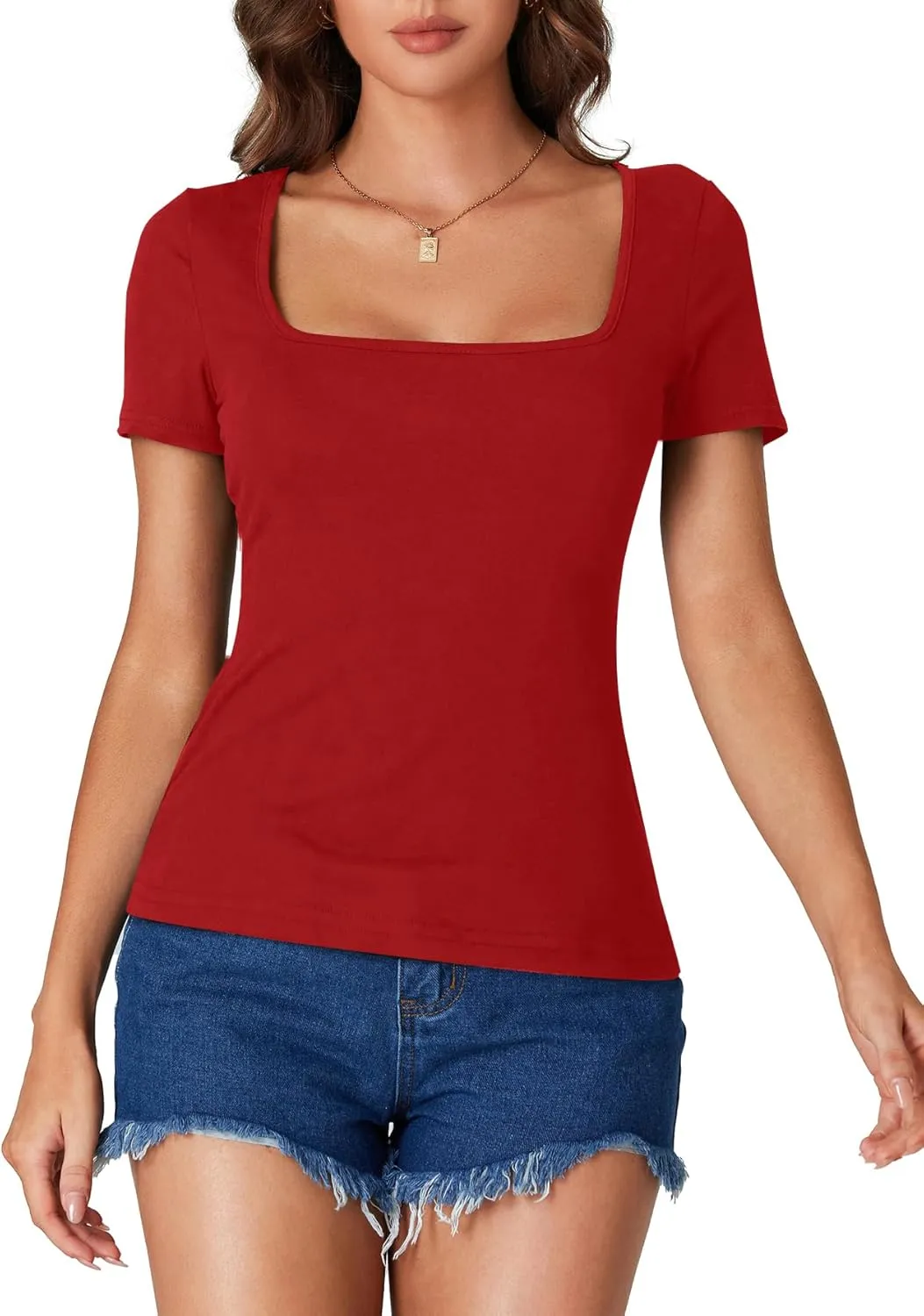 LYANER Women's Short Sleeve Square Neck Slim Fit Classic T Shirt Blouse Top Tee