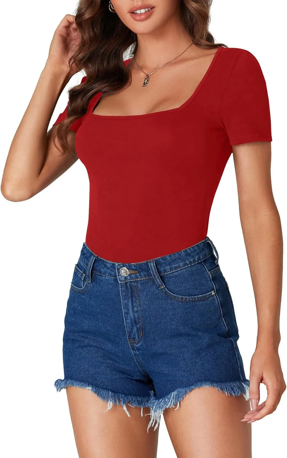 LYANER Women's Short Sleeve Square Neck Slim Fit Classic T Shirt Blouse Top Tee