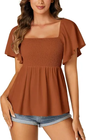 LYANER Women's Square Neck Smocked Peplum Top Ruffle Short Sleeve Shirred Babydoll Blouse