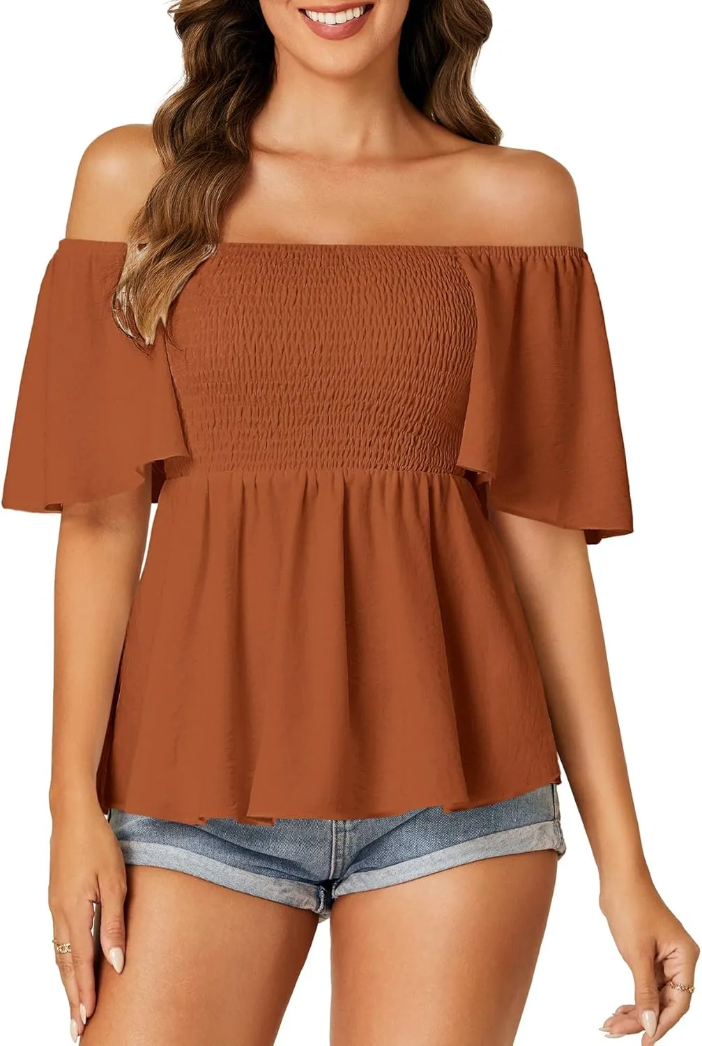 LYANER Women's Square Neck Smocked Peplum Top Ruffle Short Sleeve Shirred Babydoll Blouse