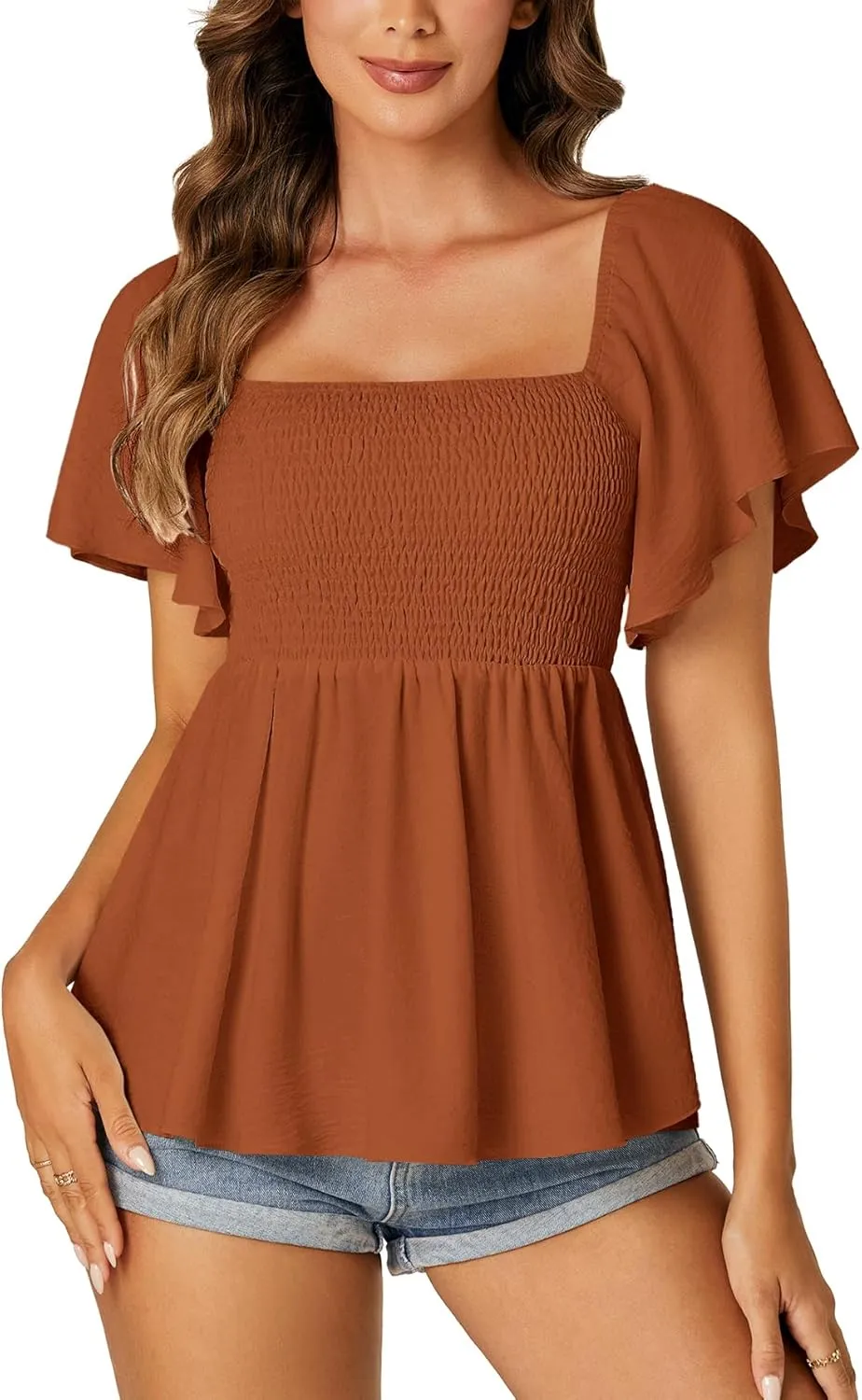 LYANER Women's Square Neck Smocked Peplum Top Ruffle Short Sleeve Shirred Babydoll Blouse