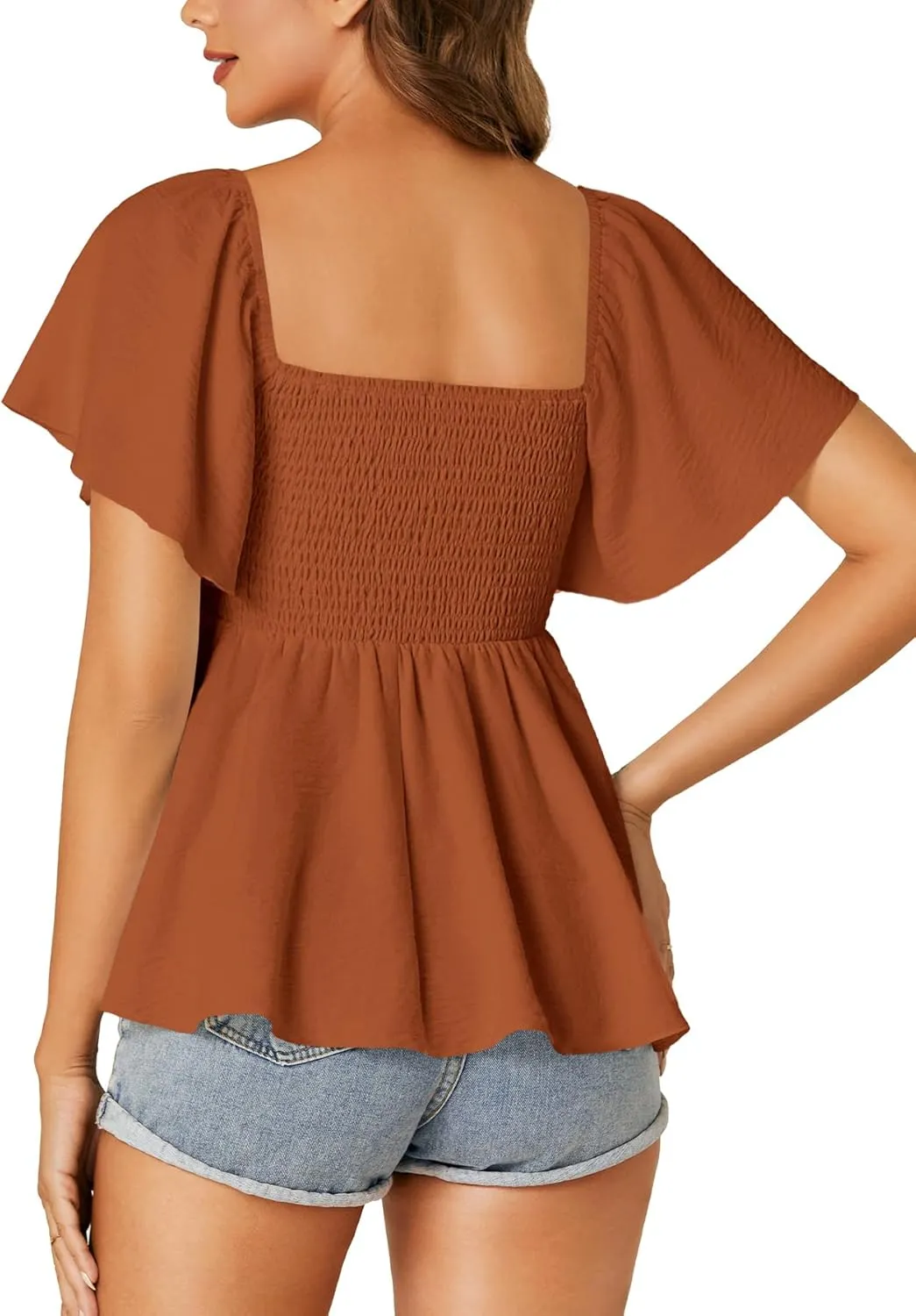 LYANER Women's Square Neck Smocked Peplum Top Ruffle Short Sleeve Shirred Babydoll Blouse