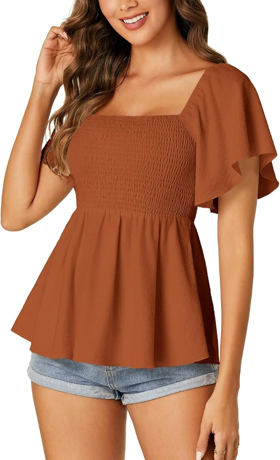 LYANER Women's Square Neck Smocked Peplum Top Ruffle Short Sleeve Shirred Babydoll Blouse