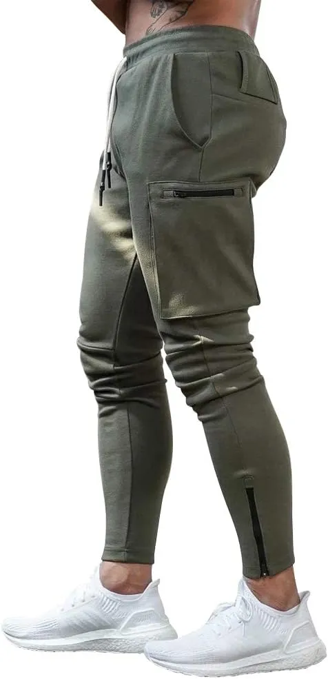 MECH-ENG Men's Active Tack Jogger Pants Fitness Tapered Sweatpants Slim Fit Trousers with Zipper Pockets
