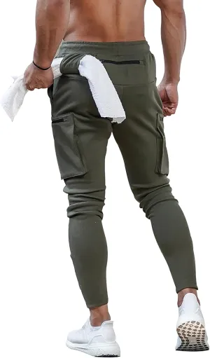 MECH-ENG Men's Active Tack Jogger Pants Fitness Tapered Sweatpants Slim Fit Trousers with Zipper Pockets