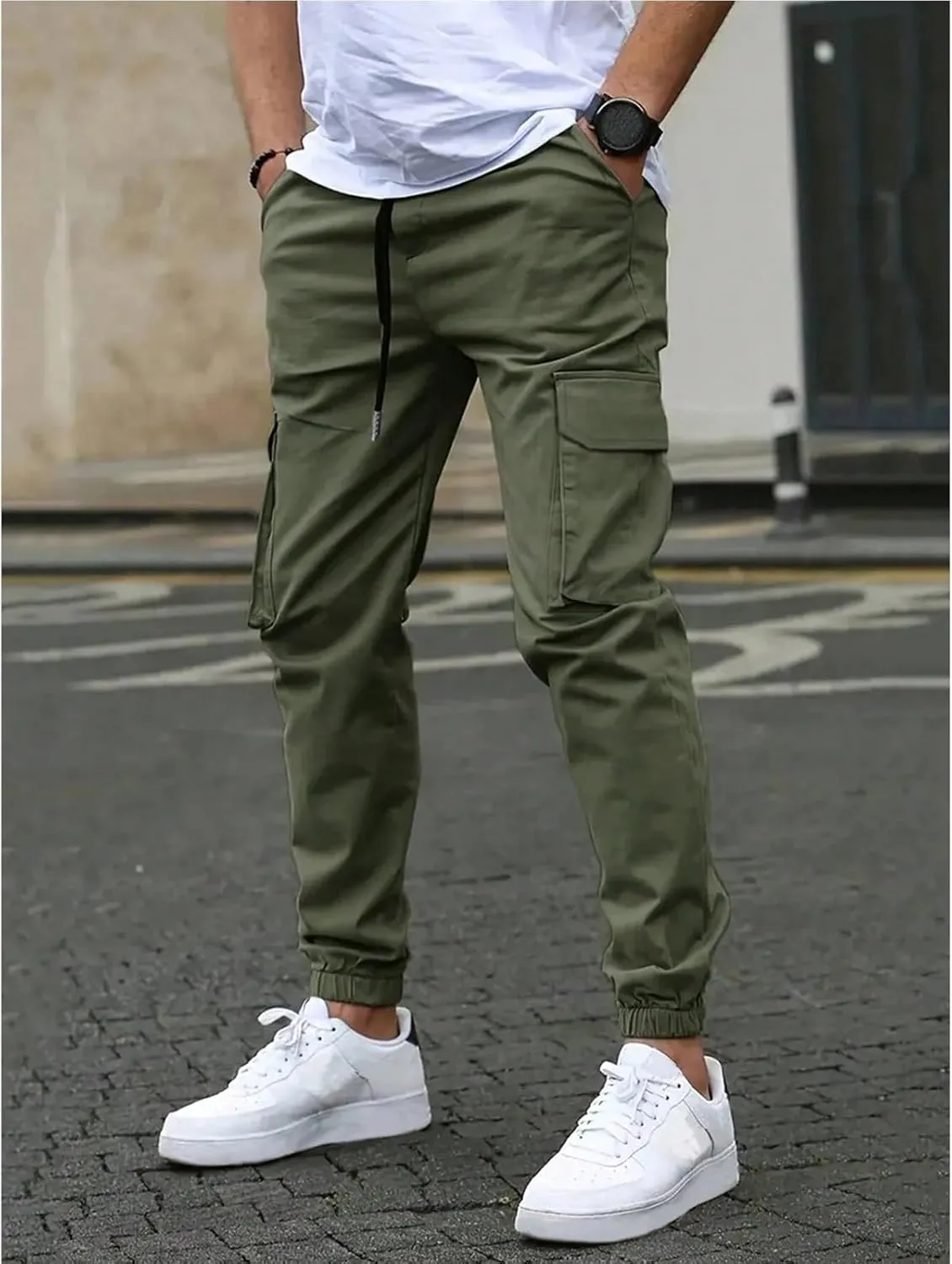 Mencomfy Cargo Pants Casual Stretch Slim Fit Hiking Pant Drawstring Athletic Joggers with Multi Pockets Tapered Trousers