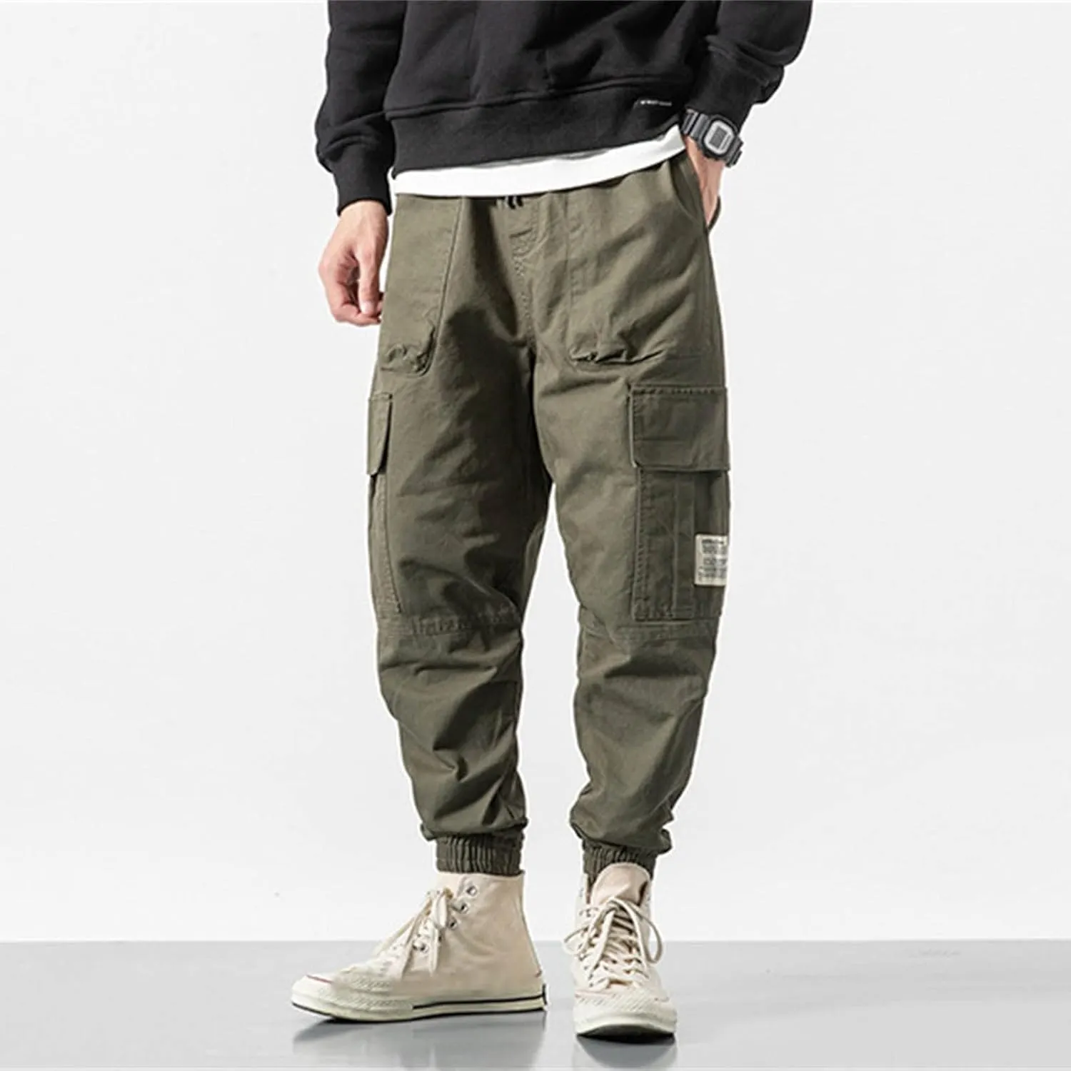 Mens Cargo Pants Slim Fit Stretch Waist Vintage Cargo Sweatpants Lightweight Drawstring Fashion Casual Streetwear Pants