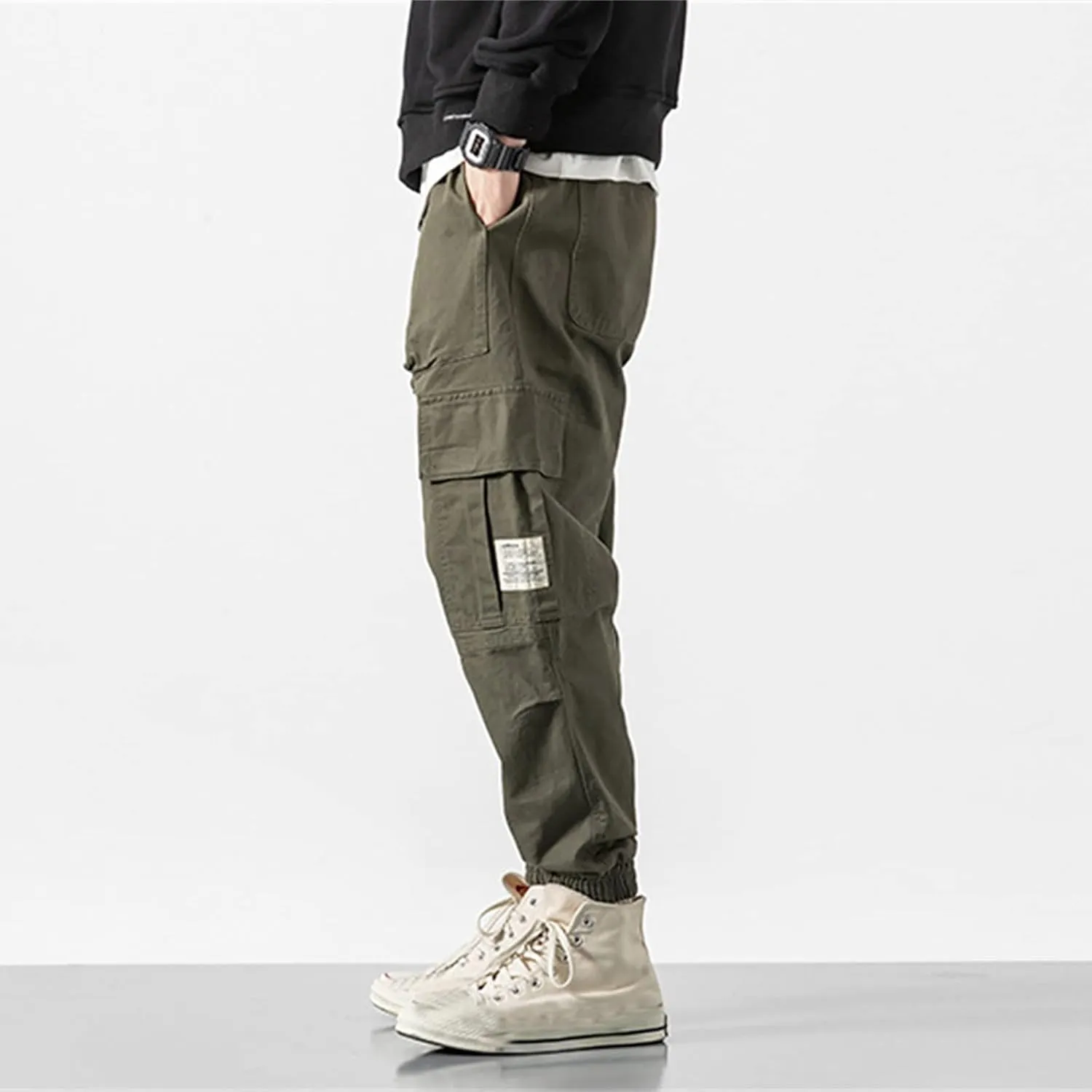 Mens Cargo Pants Slim Fit Stretch Waist Vintage Cargo Sweatpants Lightweight Drawstring Fashion Casual Streetwear Pants