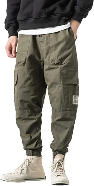 Mens Cargo Pants Slim Fit Stretch Waist Vintage Cargo Sweatpants Lightweight Drawstring Fashion Casual Streetwear Pants