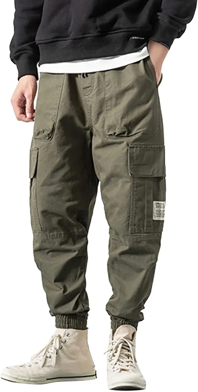 Mens Cargo Pants Slim Fit Stretch Waist Vintage Cargo Sweatpants Lightweight Drawstring Fashion Casual Streetwear Pants