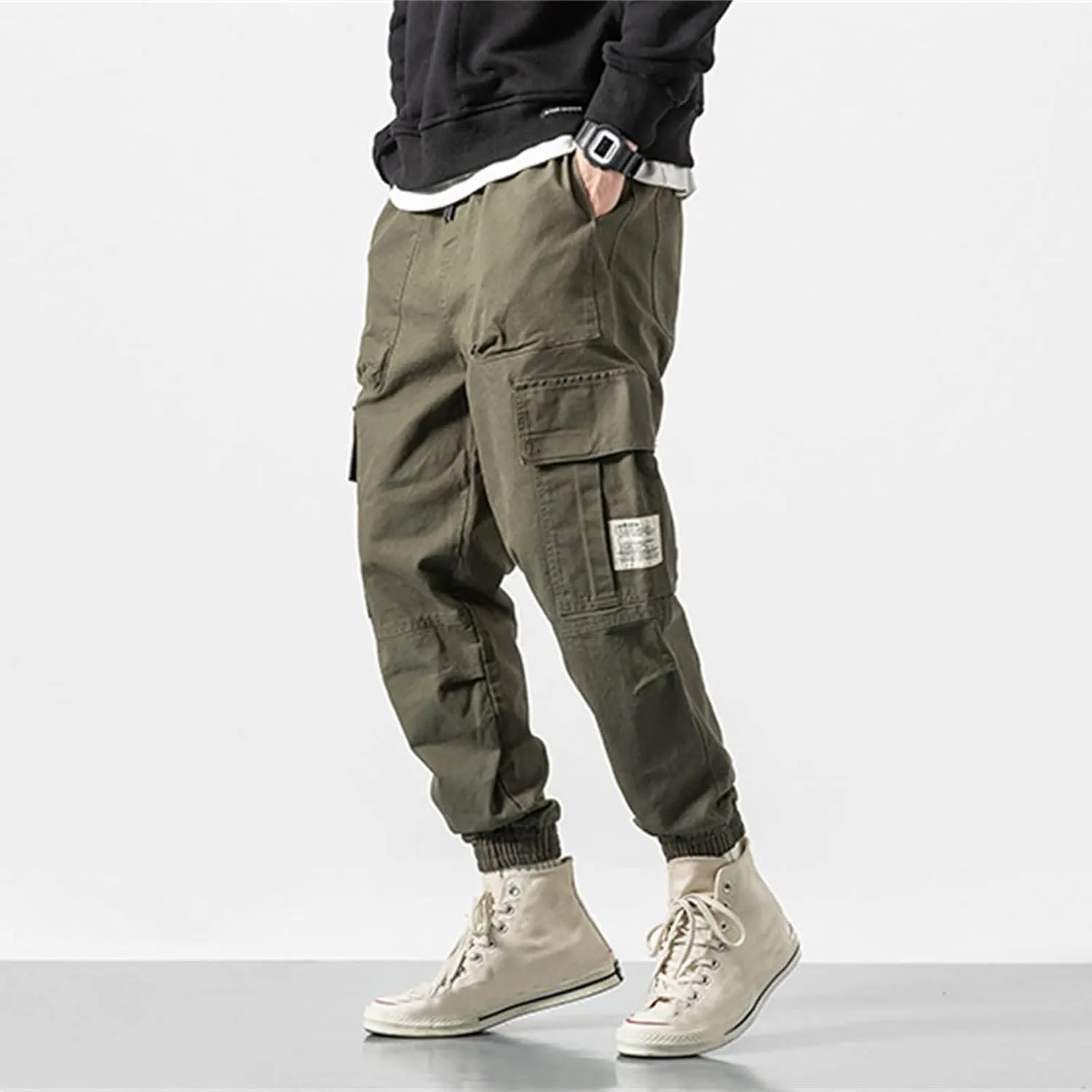 Mens Cargo Pants Slim Fit Stretch Waist Vintage Cargo Sweatpants Lightweight Drawstring Fashion Casual Streetwear Pants