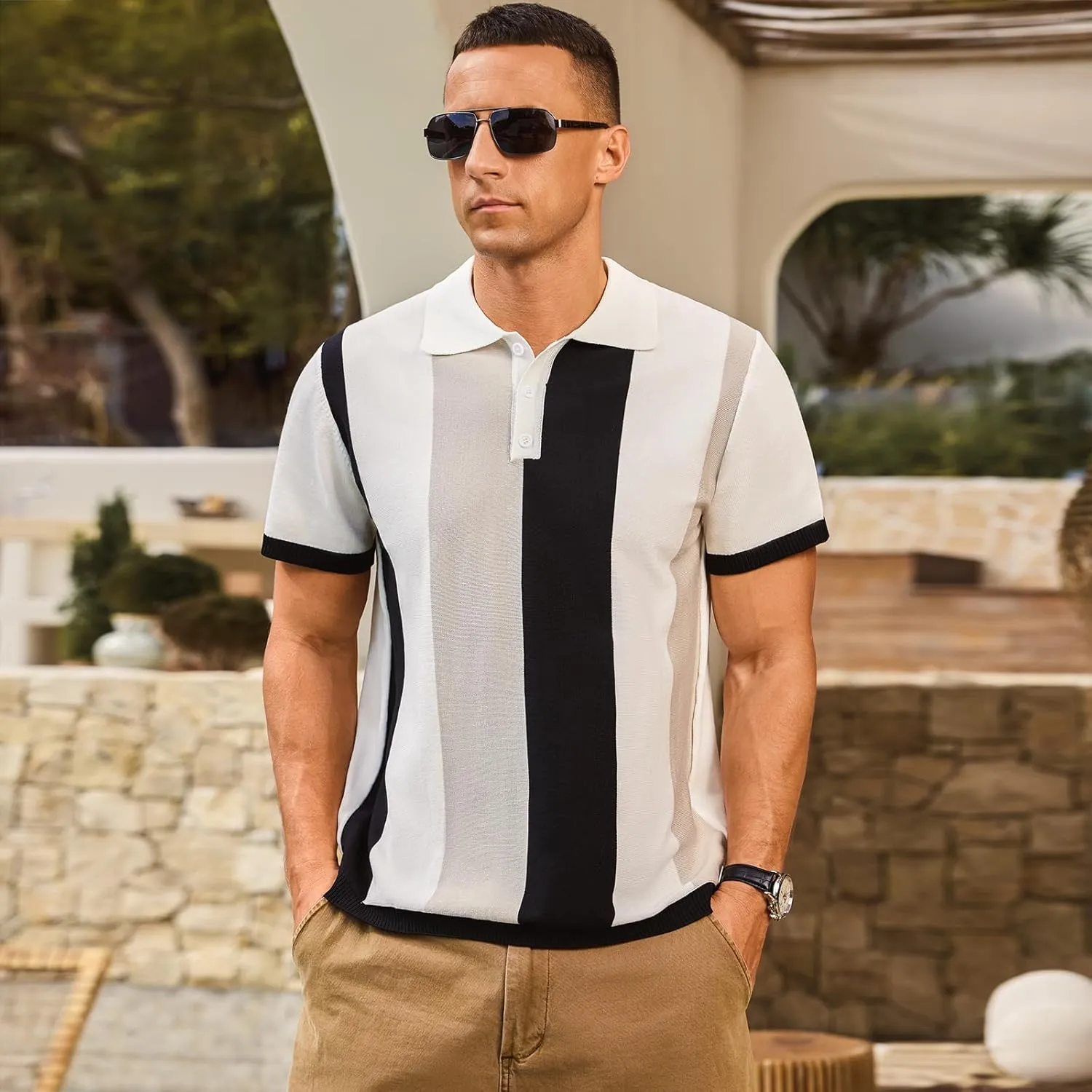 Men's Casual Polo Shirts Vintage Striped Knitting Button Down Shirts Golf Collared Shirts