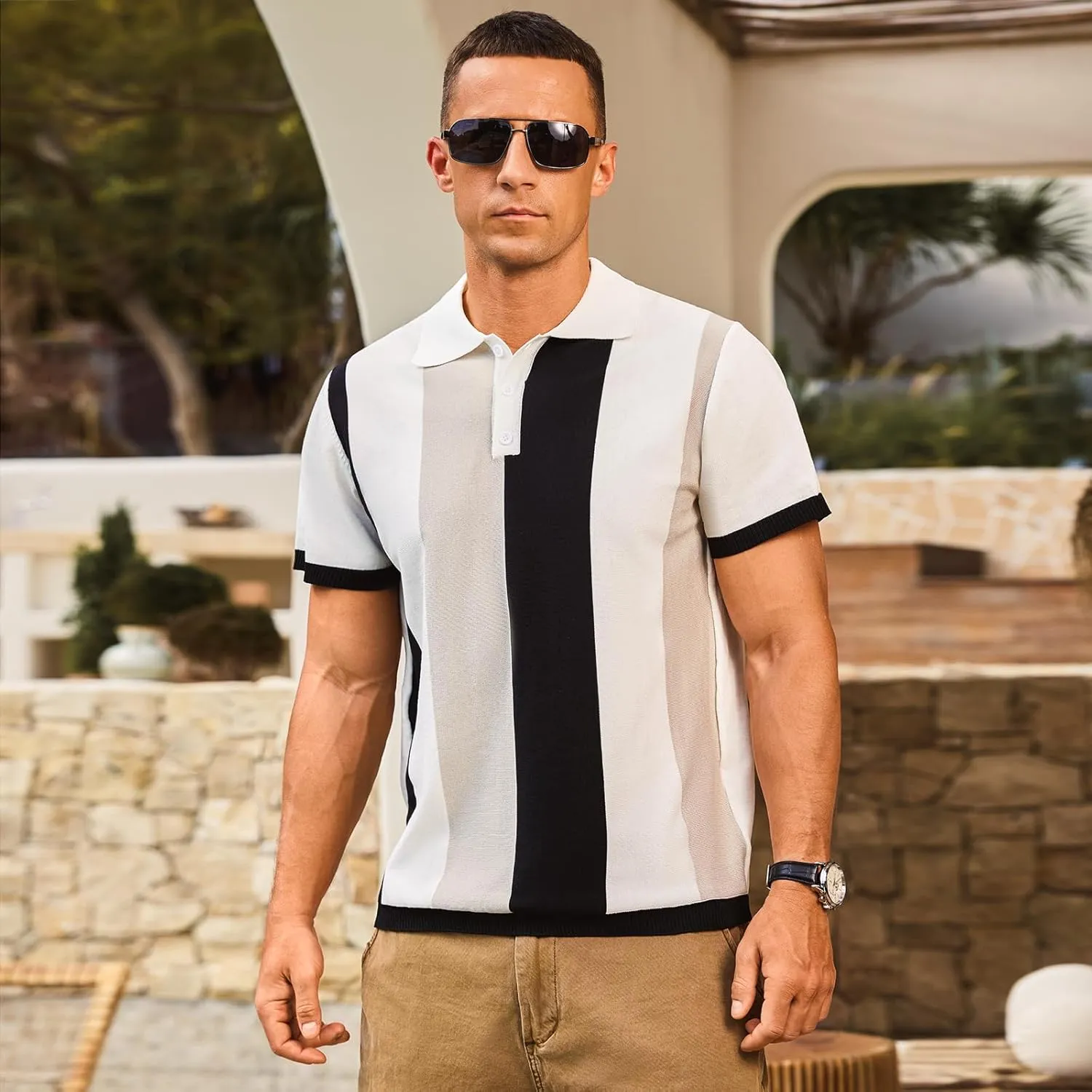 Men's Casual Polo Shirts Vintage Striped Knitting Button Down Shirts Golf Collared Shirts