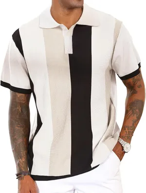 Men's Casual Polo Shirts Vintage Striped Knitting Button Down Shirts Golf Collared Shirts