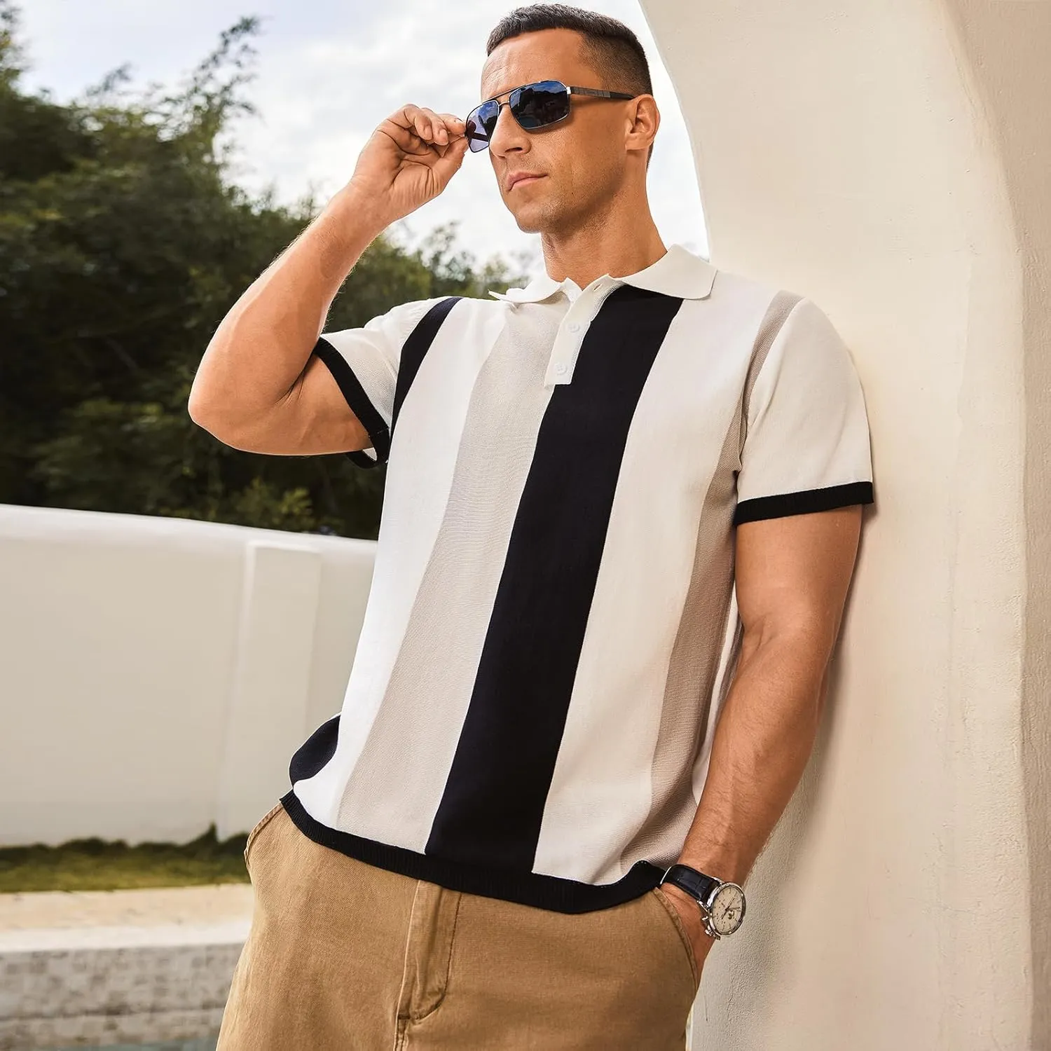 Men's Casual Polo Shirts Vintage Striped Knitting Button Down Shirts Golf Collared Shirts