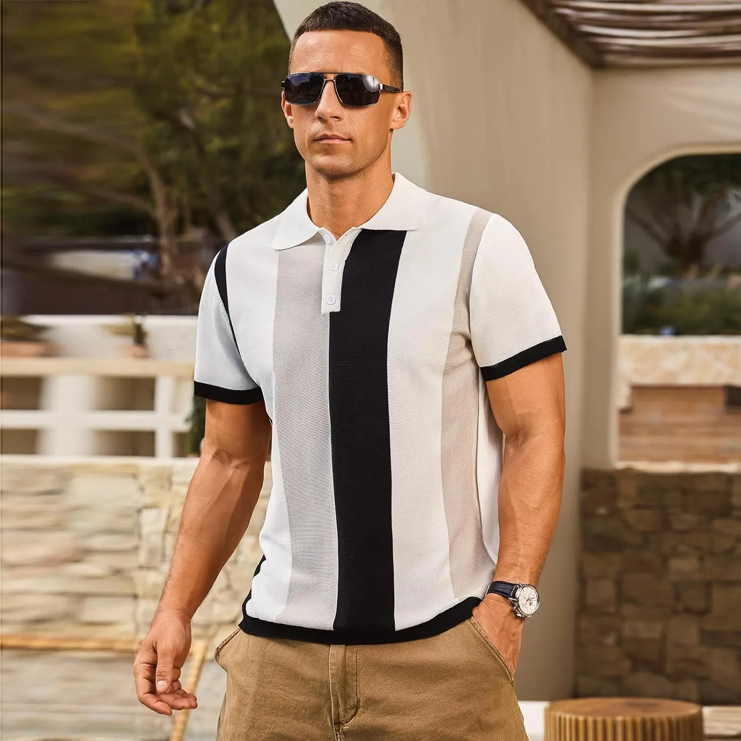 Men's Casual Polo Shirts Vintage Striped Knitting Button Down Shirts Golf Collared Shirts